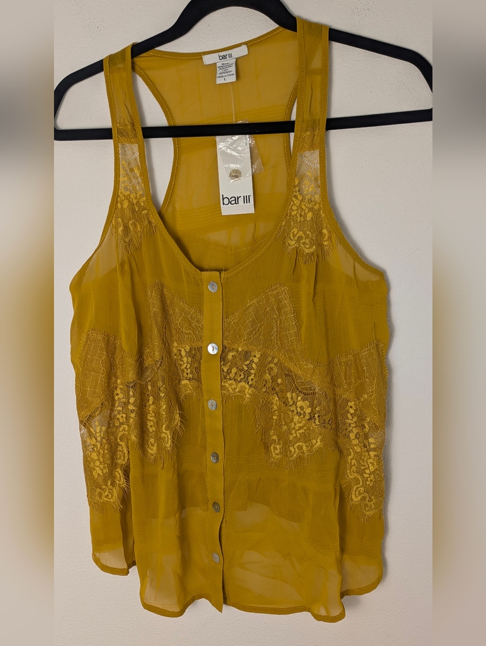 Bar III Women's Lace Top Sleeveless Flowy Bohemian Shear Sz L Mustard Yellow New